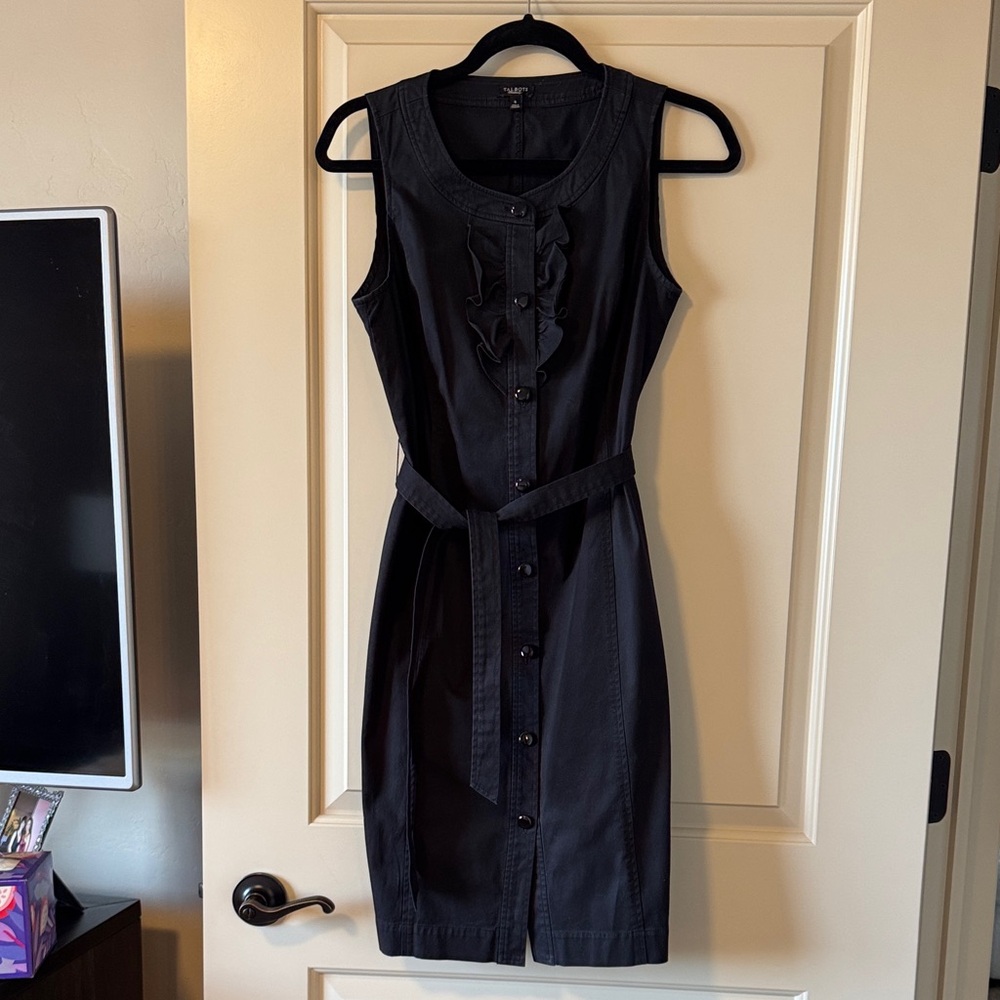 Talbots Black Sleeveless Midi Dress with Ruffle Front